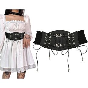 PU Leather Lace Black Corset Belt for Women, Wide Elastic Band Lace-up Pirate Waist Corset Renaissance Cincher