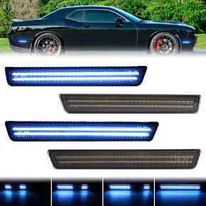 Dynamic Sequential Blue LED Side Marker Lights for 2015-2023 Dodge Challenger Front Rear Bumper Running Indicator Blinker, Smoked Lens 4PC