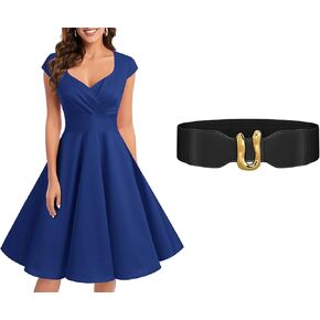 Bbonlinedress Women 1950s Retro Vintage Cocktail Dress Royal Blue L + Womens Elastic Wide Waist Belts Black M