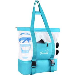Tirrinia Mesh Beach Bag with Cooler Compartment, Extra Large Totes for Beach Travel, Functional Fashion Beach Bag for Women