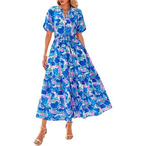 BTFBM Women Summer Floral Midi Dresses Casual Boho Puff Short Sleeve V Neck Button Belt Flowy Maxi Beach Vacation Dress