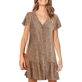 Imysty Womens Polka Dot V Brick Button لأسفل الكشكشة فضفاضة مصغرة فستان تي شيرت قصير