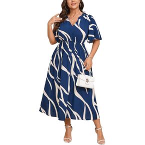 Women's Plus Size Dress for Women Wedding Guest Cocktail Smocked Ruffle Short Sleeve V Neck Flowy Maxi Dresses