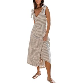 MISSACTIVER Striped Smocked Flowy Midi Dress for Women Summer Sleeveless V Neck Tie Straps Backless Beach Long Dresses