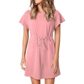 EVALESS Womens Spring Summer Dresses 2025 Casual Round Neck Ruffle Short Sleeve Flowy A Line Mini Dress with Pockets