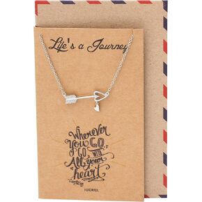 quan jewelry Arrow Necklace with Heart Charm Sideways Arrow Pendant, Graduation Gifts Dream Necklace with Inspirational Quote Greeting Card, Adjustable Chain 16" to 18" Silver Tone