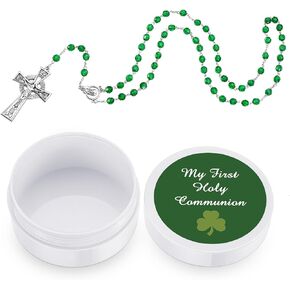 Quelay 3 Pcs Works Irish First Communion Rosary Set with Green Ireland Beads, Celtic Crucifix Cross and Blessing Holy Card in a Case, Saint Prayer Gift