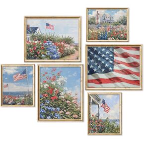 JarThenaAMCS 6Pcs Patriotic Canvas Wall Art Prints 4th of July Vintage Coastal Wildflower American Flag Art Poster for Summer Independence Day Gallery Room Decor (UNFRAMED)
