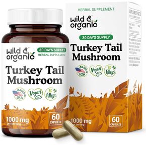 Wild & Organic Turkey Tail Mushroom Capsules 1000 mg - Immune Support - Turkey Tail Mushroom Powder Supplement - Coriolus Versicolor Mycelium Extract - Vegan, No Fillers, Non-GMO - 60 Count