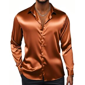 Hi-Tie Satin Mens Dress Shirts Long Sleeve Formal Shirts for Men Button Down Regular Fit Party Wedding
