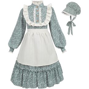 Nuoqi Prairie Dress Girls Colonial Pioneer Costume 1800s Victorian Fress for Girls with Apron