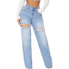 Womens Distressed Straight Leg Jeans High Waisted Wide Leg Baggy Jeans Boyfriend Casual Denim Pants.