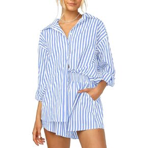 ISZPLUSH Women’s 2 Piece Casual Sets Outfits Sets Relaxed Long Sleeve Shirt Loose High Waisted Side Pocket Shorts Set