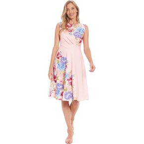 London Times Women's Extended Shoulder Asymm Seamed Flare Dress