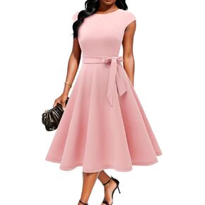 Nmoder Cocktail Summer Elegant Fit and Flare Dresses for Women Vintage Tea Party Cap Sleeve Dresses with Belt & Pockets
