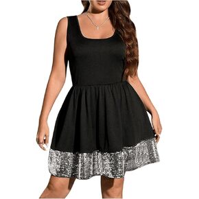 SweatyRocks Women's Plus Size Sparkly Sequin Dress Ruffle Square Neck A Line Short Dress