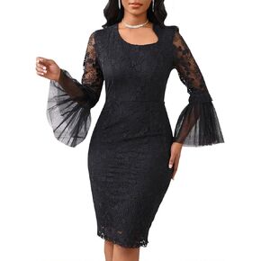 Cololura Women Elegant Sexy Floral Lace Patchwork Long Sleeve Flared Formal Evening Gown Party Cocktail Midi Dress