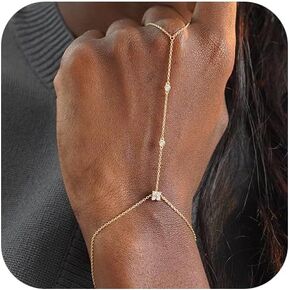 Hand Chain Bracelet for Women Trendy, Dainty Gold Beaded Ring Hand Chain Cubic Zirconia Finger Bracelet 14K Gold Plated Hand Chains Cross Bracelet for Women Simple Body Jewelry Mothers Day Gift