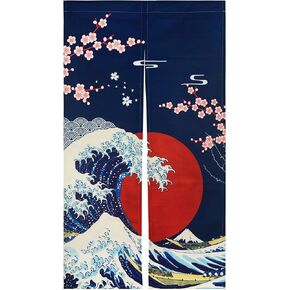 Ligicky اليابانية Noren Doorkway Surtain Ukiyoe Hokusai الموجة العظيمة قبالة Kanagawa Sun Cherry Blossoms المطبوعة نسيج باب النافذة للمنزل ديكور المطعم 33.5 "عرض × 59" طويل "