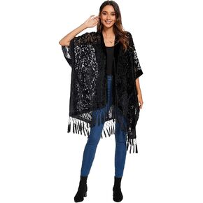 WeHello Women's Burnout Velvet Kimono Long Cardigan Cover Up with Tassel (Black 2)