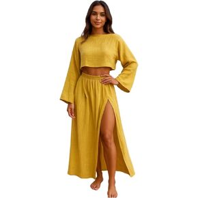 VCM 2 Piece Set High Slit Skirt Boho Maxi Dress Beach Cover Ups for Women Sarong Bikini Coverup Vacation Outfits