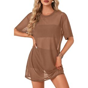 LYANER Women's Sheer Mesh Short Sleeve Cover Ups Round Neck See Through Sexy Blouse Shirt Top