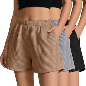 Ficerd 3 Pack Women's Sweat Shorts Waffle Knit Elastic High Waisted Lounge Summer Casual Comfy Outfit with Pockets
