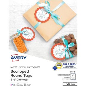 بطاقات هدايا مستديرة فارغة قابلة للطباعة من Avery مع تغذية مؤكدة، قطر 2.5 بوصة، أبيض مزخرف، 90 بطاقة قابلة للتخصيص (80511)