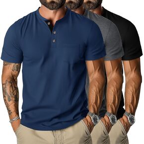 Riyiper 3 Pack Men's Henley T-Shirts Short Sleeve Pocket Cotton Classic Tops Casual Basic Tees with Button Summer Trendy