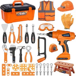 Toy Tool Set for Boys 46pcs Pretend Play Construction Toy with Storage Bag&Kids Toolbelt, Electric Drill Toy, Tape Measure, Goggle Toys Durable Kids Tool Accessories for 3 4 5 6 Year Old Kids Boys