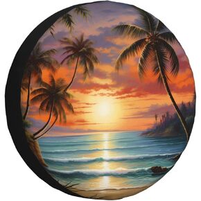 غطاء الإطارات الاحتياطية غطاء عجلة مقاوم للطقس ملاءمة لجيب Wrangler RV SUV Truck Travel Trailer 17 "Sunset Beach Palm Tree Cover