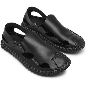 Men's Genuine Leather Cutout Fisherman Sandals Hand Stitched Fashion Comfortable Closed Toe Flat Beach Walking Shoes for Summer Outdoor Casual