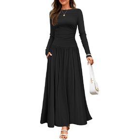 ZESICA Women's Long Sleeve Spring Maxi Dress 2025 Crewneck Knit Casual Slim Swing Pleated Dresses with Pockets