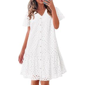 KIRUNDO Summer Dresses for Women 2025 Button Down V Neck Short Sleeve Hollow Out Lace A Line Casual Mini Babydoll Dress