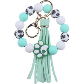 Claw Silicone Beaded Bracelet Wrist Keychain, PU Leather Tassel Bangle Car Keychain for Women,Key Ring Wristlet Key Chains
