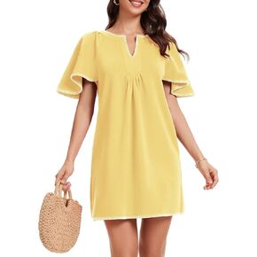 HOULENGS Women's Summer Ruffle Short Sleeve A Line Mini Dress Casual Contrast Trim V Neck Short Dress with Pockets