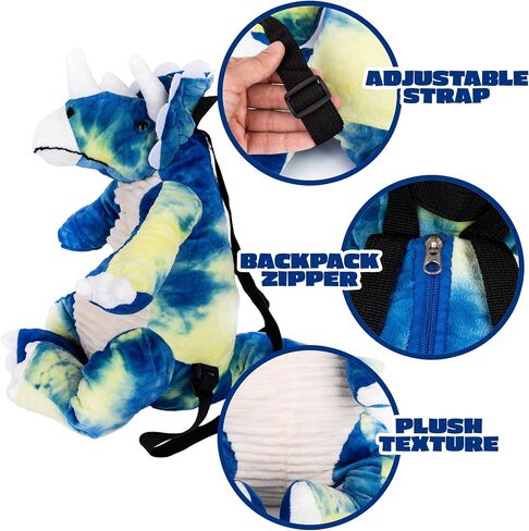 ArtCreativity Plush Dinosaur Backpack, 22" Stuffed Animal Backpacks in the Shape of a Triceratops, Plushie Dinosaur Bag for Toddlers, Blue and Yellow tie dye Colors. Adjustable Nylon Straps in Saudi Arabia