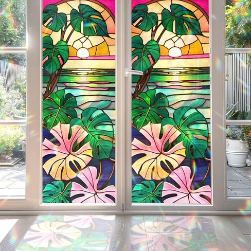 Monstera Flower Stained Glass Window Film, Decorative Monstera Flower Stained Glass Window Film, Monstera Flower Stained Glass Window Film for Bathroom Door Heat Anti UV RF03 in Saudi Arabia