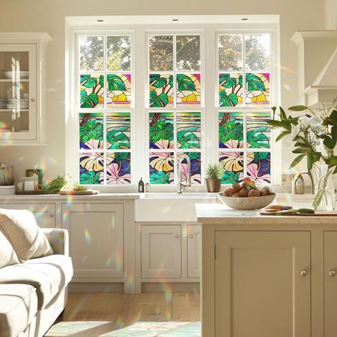 Monstera Flower Stained Glass Window Film, Decorative Monstera Flower Stained Glass Window Film, Monstera Flower Stained Glass Window Film for Bathroom Door Heat Anti UV RF03 in Saudi Arabia