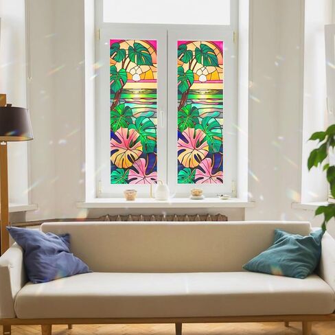 Monstera Flower Stained Glass Window Film, Decorative Monstera Flower Stained Glass Window Film, Monstera Flower Stained Glass Window Film for Bathroom Door Heat Anti UV RF03 in Saudi Arabia