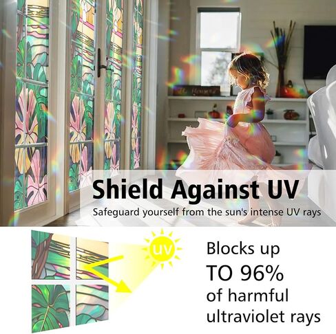 Monstera Flower Stained Glass Window Film, Decorative Monstera Flower Stained Glass Window Film, Monstera Flower Stained Glass Window Film for Bathroom Door Heat Anti UV RF03 in Saudi Arabia
