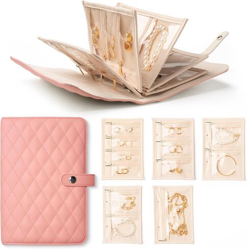 سفر مجوهرات منظم الحالات كتاب منظم المجوهرات مع أكياس سحاب مخملية شفافة للحلقات ، القلادات ، الأقراط ، هدية للنساء عيد الميلاد ، عيد ميلاد ، أساسيات السفر ， كريم أبيض in Kuwait