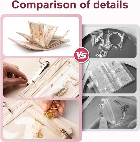سفر مجوهرات منظم الحالات كتاب منظم المجوهرات مع أكياس سحاب مخملية شفافة للحلقات ، القلادات ، الأقراط ، هدية للنساء عيد الميلاد ، عيد ميلاد ، أساسيات السفر ， كريم أبيض in Kuwait
