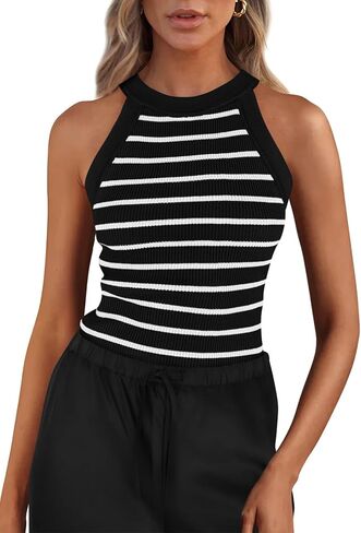 PRETTYGARDEN Womens Tops Dressy Casual Halter Neck Going Out Tank Tops for Women 2025 Slim Fit Ribbed Striped Summer Tanks in Saudi Arabia