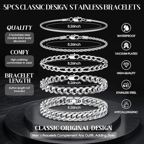 Fansilver 5 Pcs Stainless Steel Mens Bracelet Gold Silver Cuban Link Rope Figaro Cuban Chain Bracelets for Men Women 7.48/8.07/8.26 inches in Kuwait