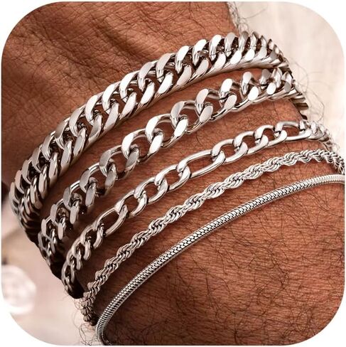 Fansilver 5 Pcs Stainless Steel Mens Bracelet Gold Silver Cuban Link Rope Figaro Cuban Chain Bracelets for Men Women 7.48/8.07/8.26 inches in Kuwait