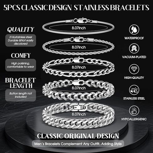 Fansilver 5 Pcs Stainless Steel Mens Bracelet Gold Silver Cuban Link Rope Figaro Cuban Chain Bracelets for Men Women 7.48/8.07/8.26 inches in Kuwait