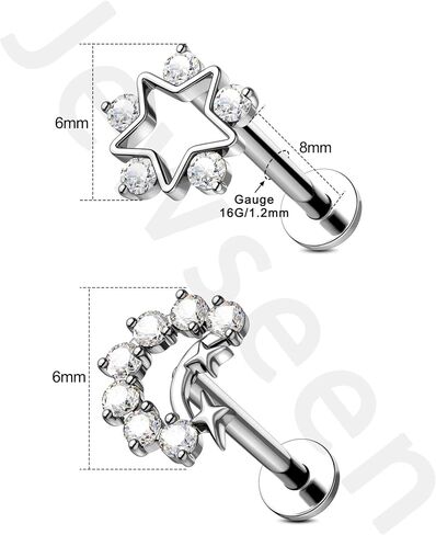 JOWSEEN F136 Titanium Flat Back Strains 16g داخليًا ملولبًا للأقراط Moon Moon Tragus Conch Helix Jewelry for Women Nose Lip Stud in Kuwait