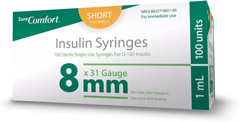 U-100 Insulin Syringes 31G x 5/16" 1cc (8 mm), Quality Disposable Syringes for Diabetes Care, Box of 100 in Kuwait