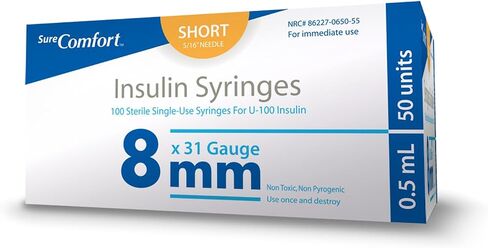 U-100 Insulin Syringes 31G x 5/16" 1cc (8 mm), Quality Disposable Syringes for Diabetes Care, Box of 100 in Kuwait